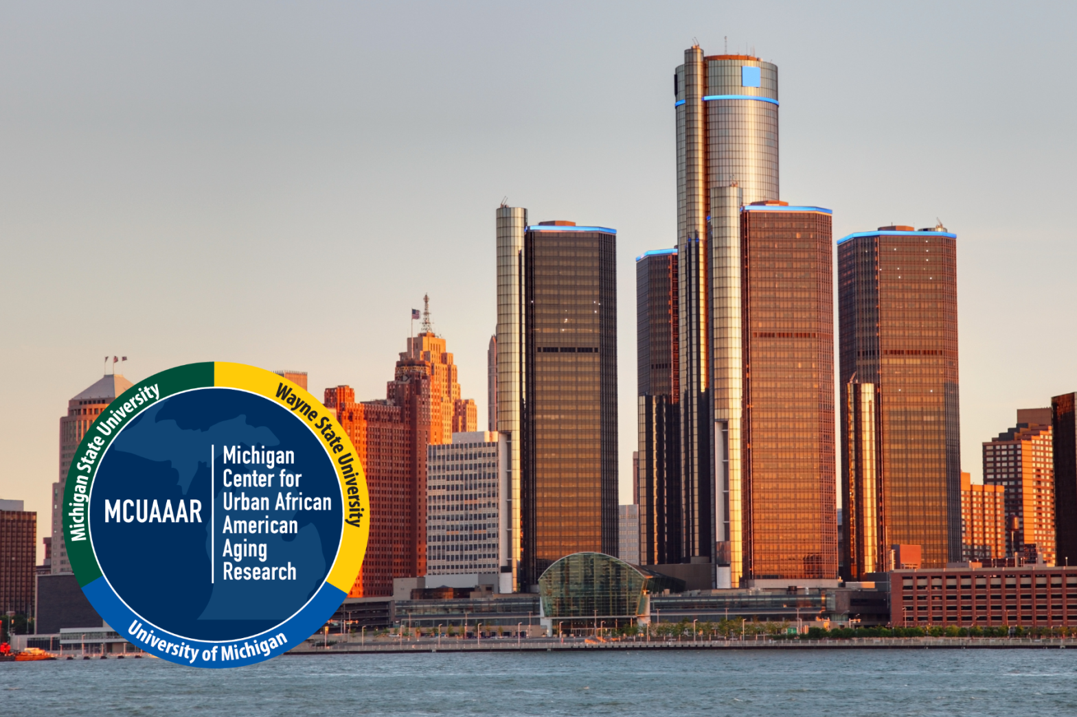 Detroit skyline with text "MCUAAAR: Michigan Center for Urban African American Aging Research"