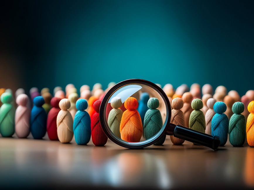 A group of colorful yarn figures with a magnifying glass highlighting an orange figure.