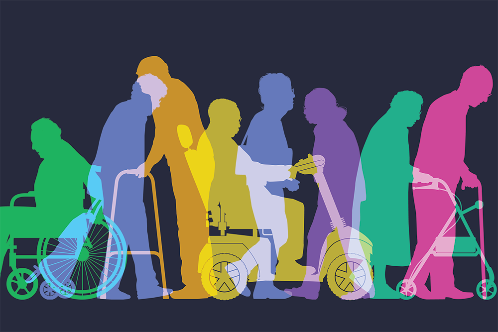 Silhouettes of people using mobility aids in bright colors on a dark background.