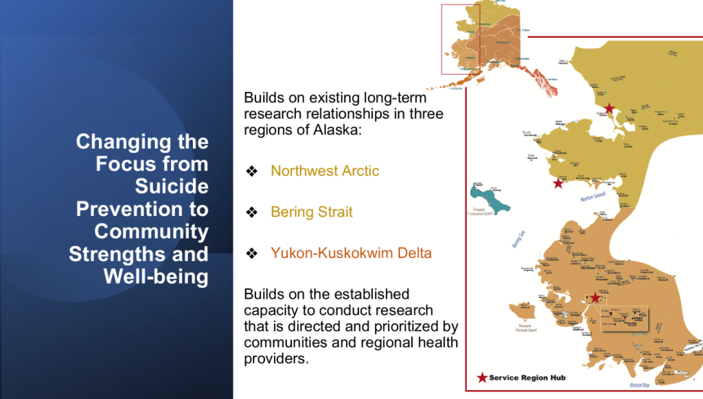 Changing the focus from suicide prevention to community strengths  and well-being: Building on existing longterm research relationships in 3 regions of Alaska: Northwest Arctic, Bering Strait, and the Yukon-Kuskokwim Delta.