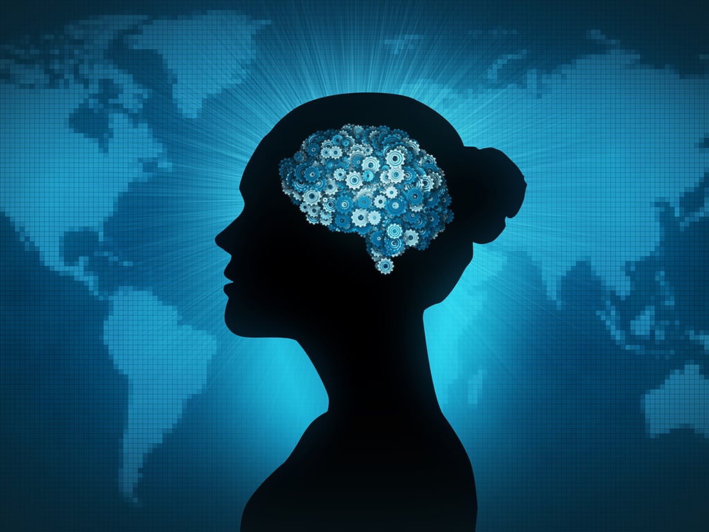 Female profile silhouette with gearwheel brain in front of Earth map.