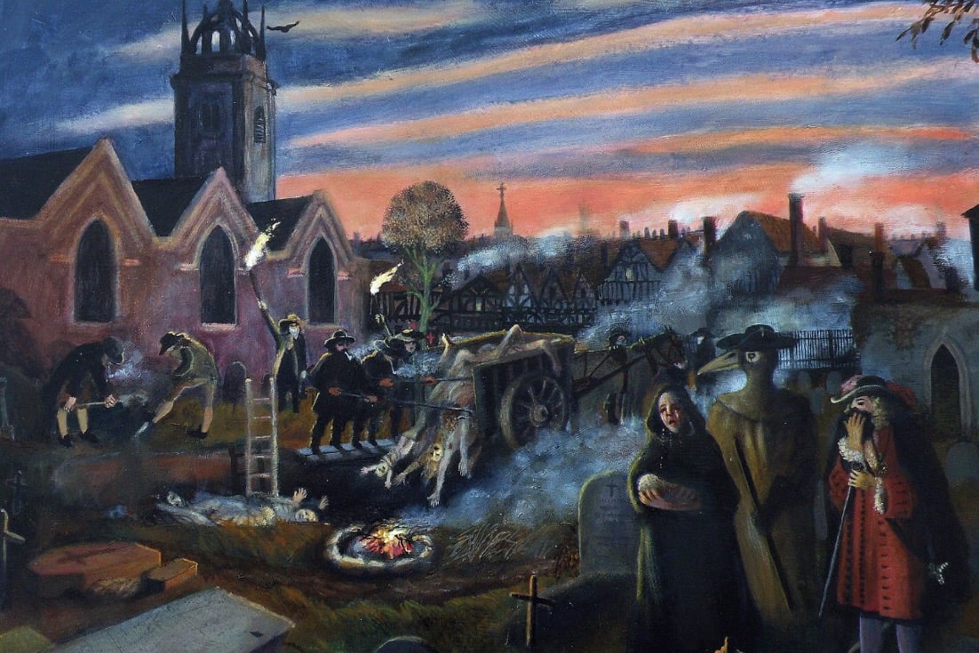 The oil painting depicts mass burial of plague victims in a smoky churchyard, with a weeping mother and a masked plague doctor in the foreground.