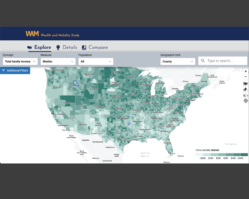 A screenshot of the Wealth and Mobility Study web tool with a a data visualization map of the United States showing the median total family income by county.