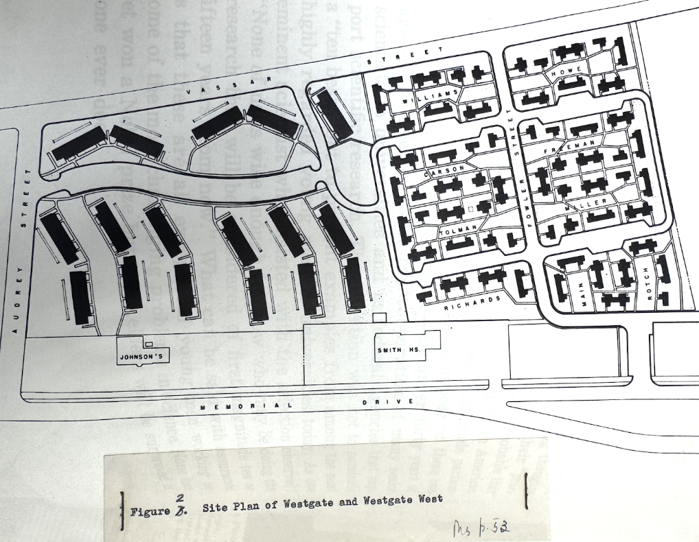 The image shows the layout of the Westgate and Westgate West complexes, with large buildings in rows on the left, and courtyard arrangements on the right