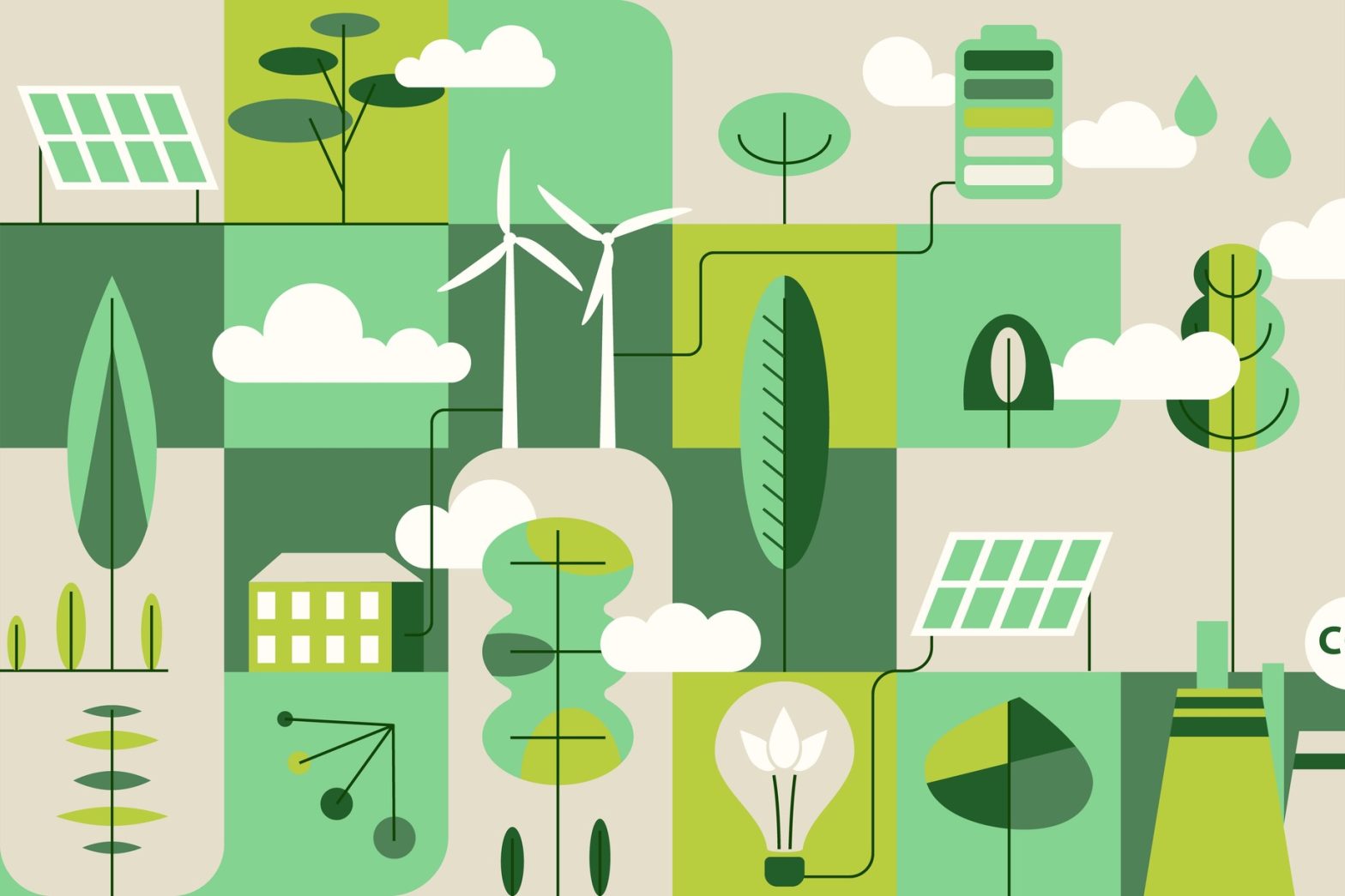 abstract flat green and grey illustration with icons associated with clean energy: trees, lightbulbs, windmills, solar panels, in geometric patterns.