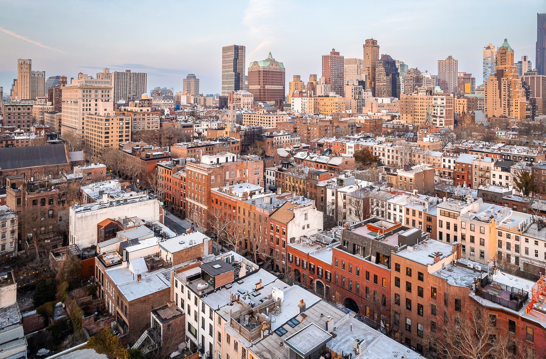 Drone photo of Brooklyn Heights NY featuring residential and commercial buildings and houses