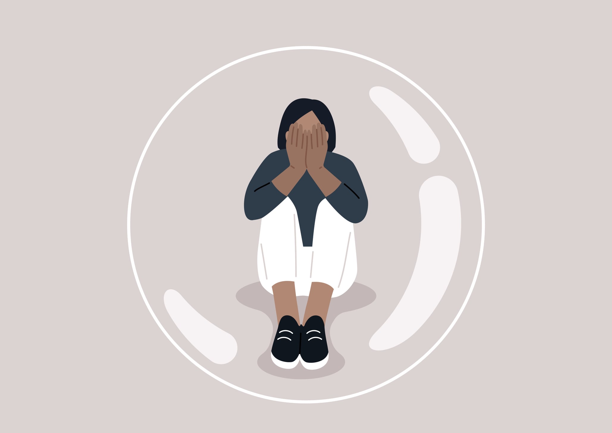 A young character trapped alone inside a transparent bubble, their head in hands, their body language expressing immense sadness and desperate loneliness