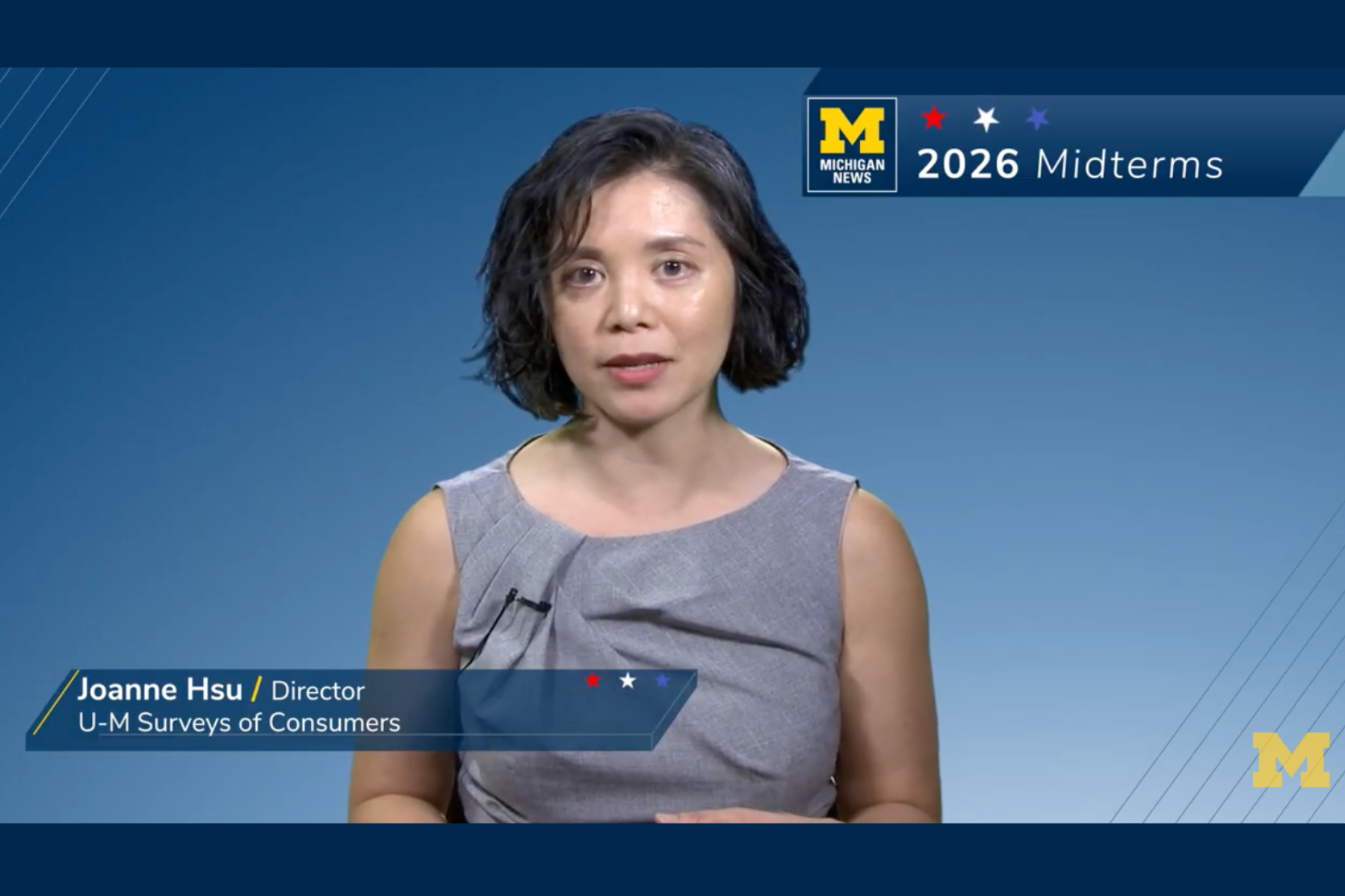 Joanne Hsu pictured in a still from a video discussing the economy