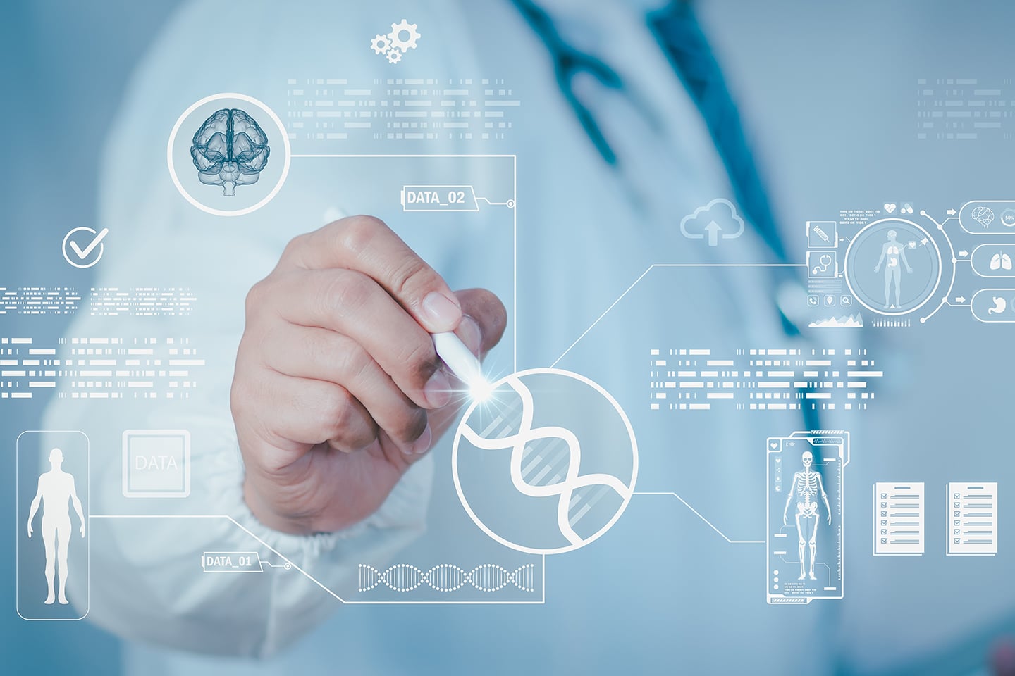 Doctor using digital pen to analyze DNA and medical data through AI interface.