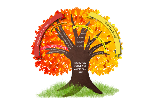 Graphic image of a tree labeled National Survey of American Life, with branches representing the original 2001-2003 study alongside the 25-year follow-up