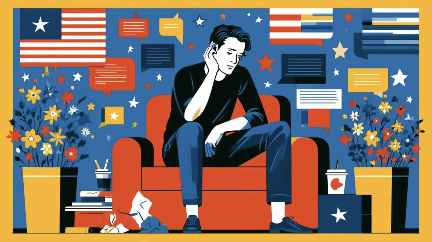 Graphic image of a seated man with US flags and icons in the background
