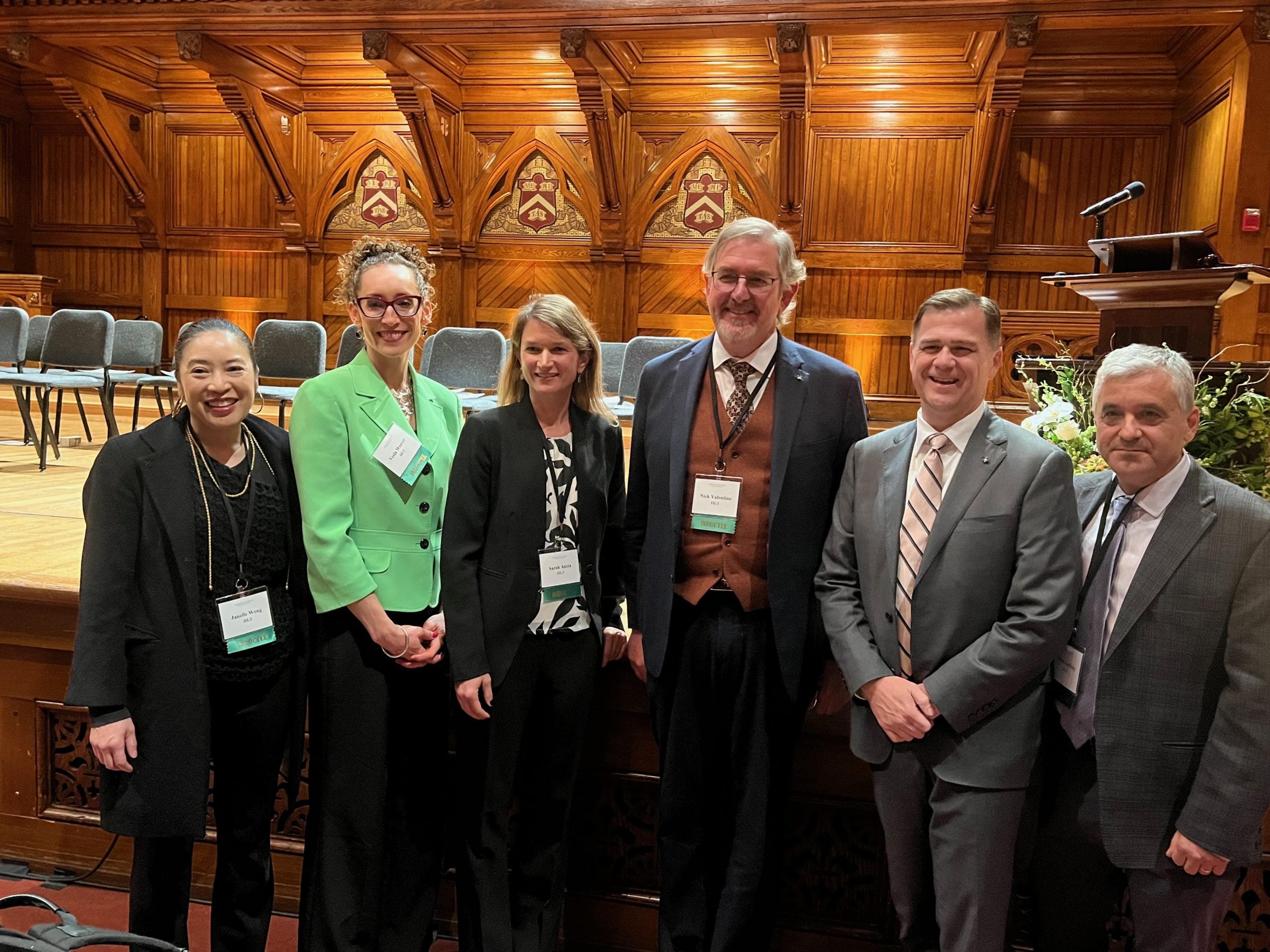 From the left, 2026 inductees Janelle Wong, Vesla Weaver, Sarah Anzia, Nicholas Valentino, David Campbell, and Steven Levitsky